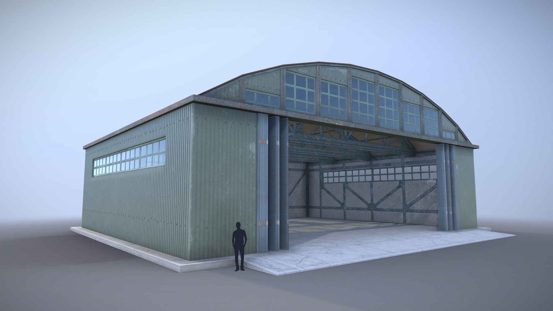 3D model Airport Hangar SmallHangar 01 open - This is a 3D model of the Airport Hangar SmallHangar 01 open. The 3D model is about a man standing in front of a building.