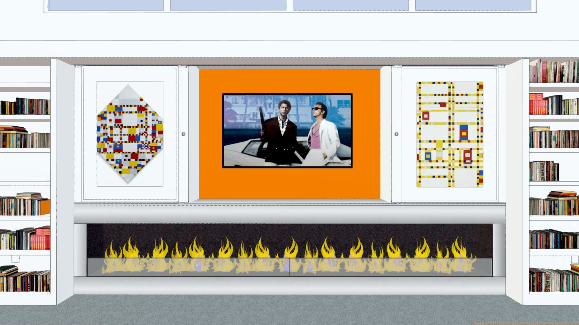 Modern fireplace with sliding doors - TV view