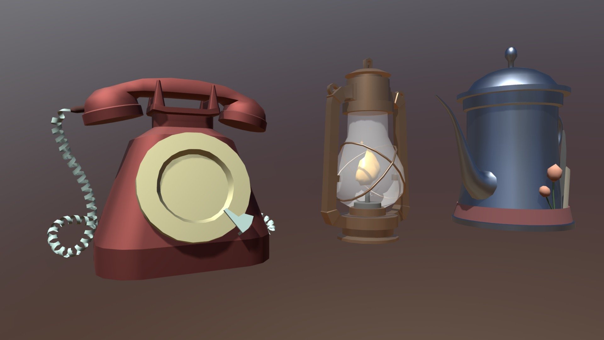 lowpoly phone, lantern, coffeepot