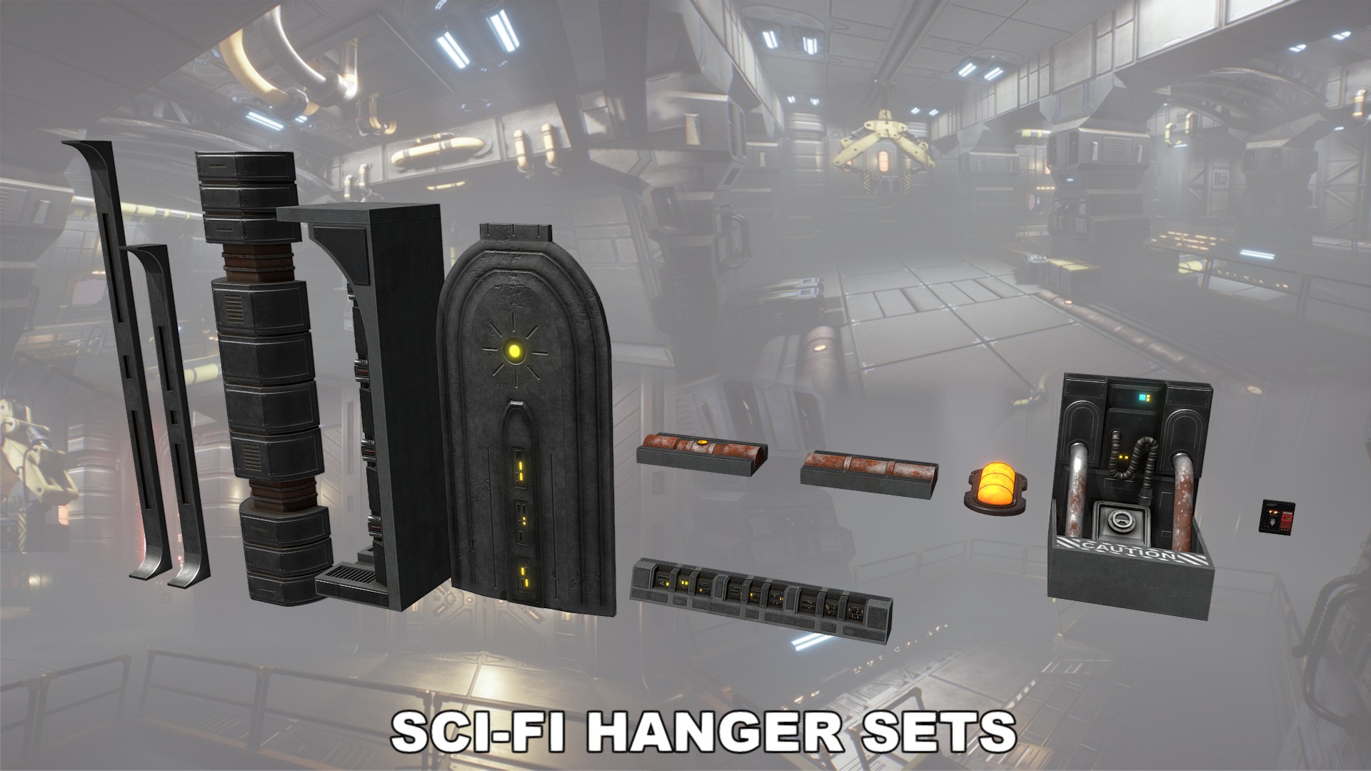 3D model Sci-fi Asset Hangerpack 004 - This is a 3D model of the Sci-fi Asset Hangerpack 004. The 3D model is about a room with a display of electronic devices.