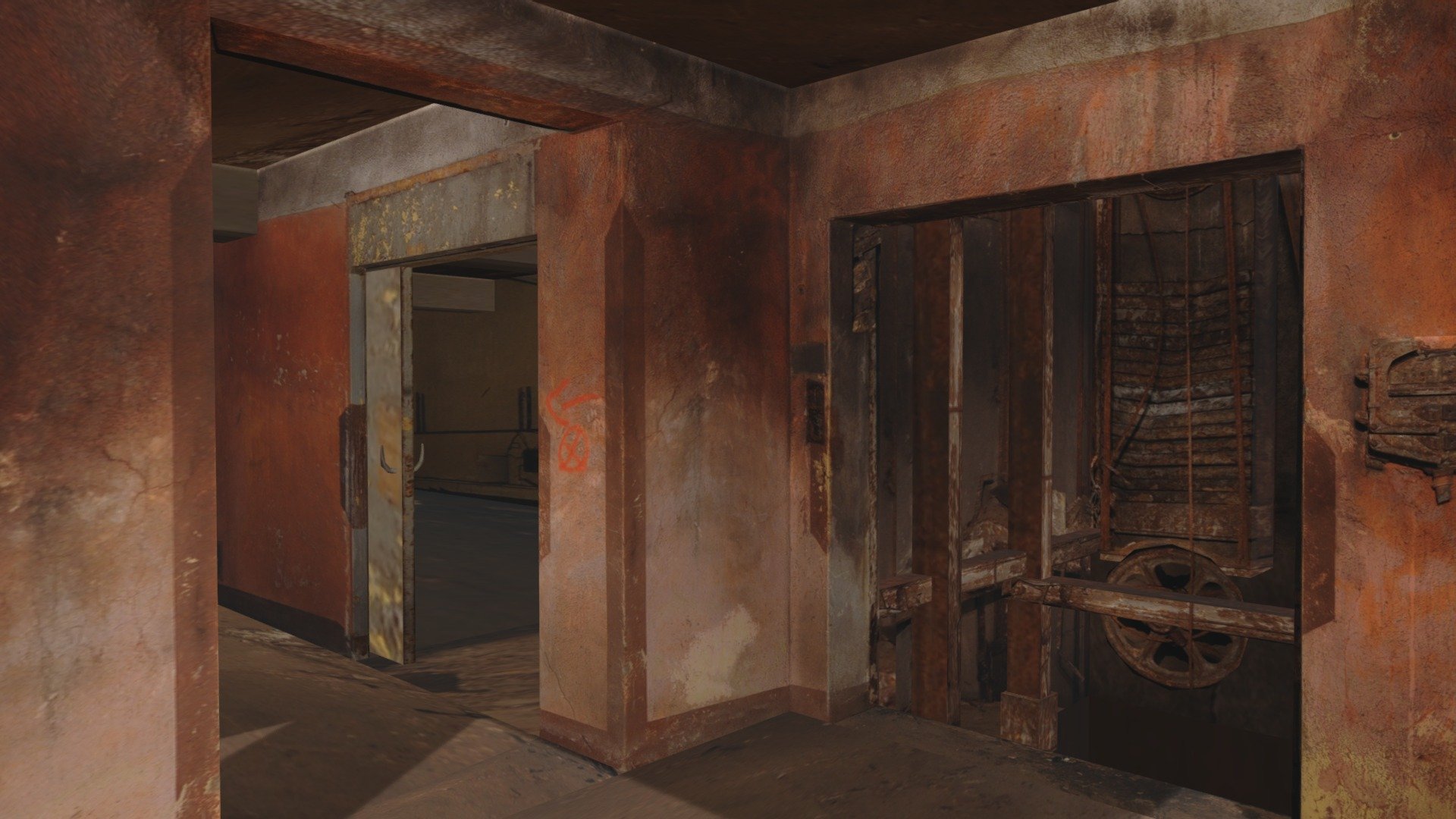 Interior environment with elevator shaft