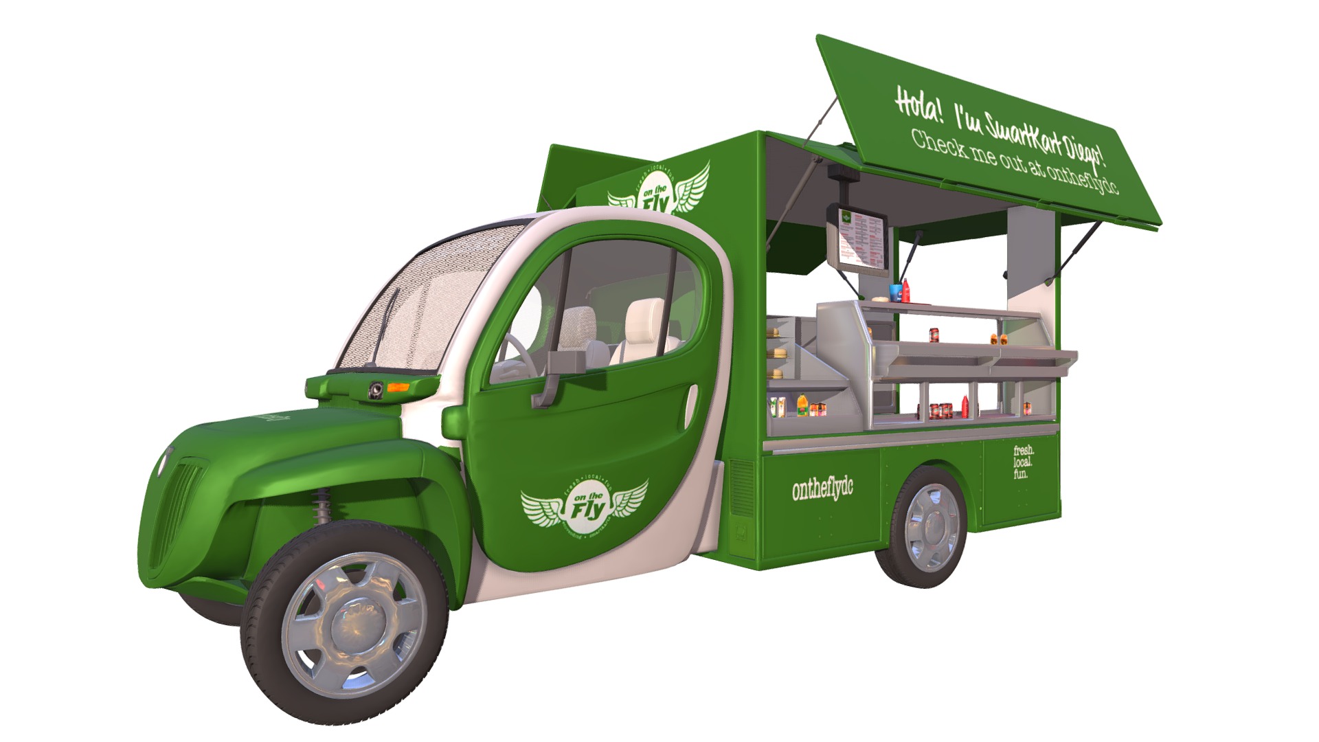 3D model Food Truck On The Fly - This is a 3D model of the Food Truck On The Fly. The 3D model is about a green car with a sign on it.