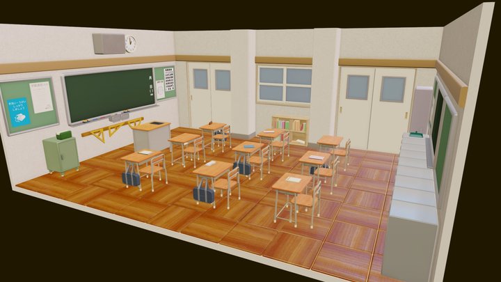Cute Japanese School Classroom 3D Model