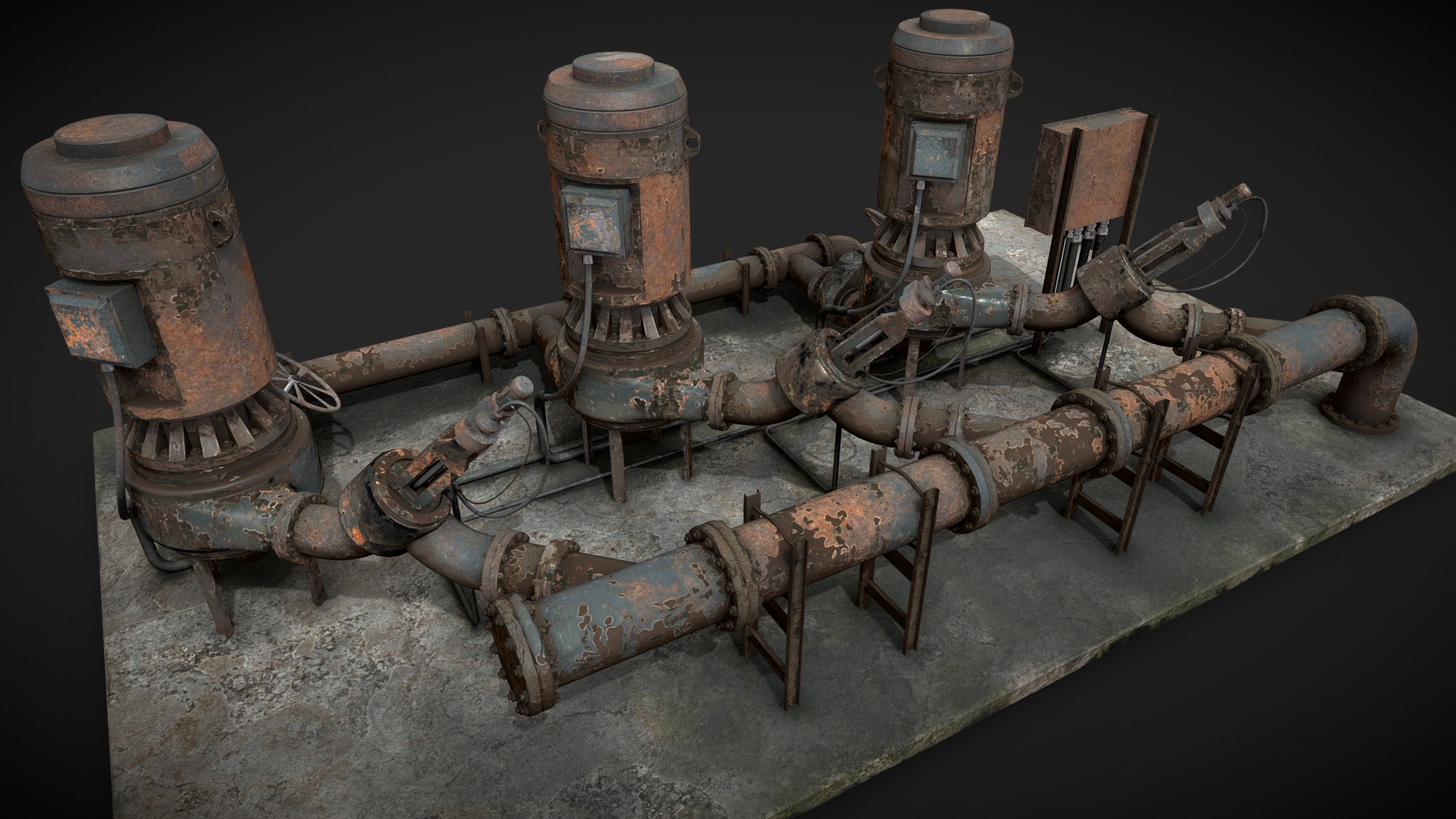 3D model Rusted pump station - This is a 3D model of the Rusted pump station. The 3D model is about a group of old rusty pipes.
