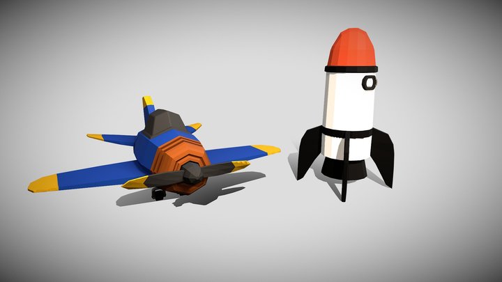 Low Poly Cartoon Sky Models - Plane and Rocket 3D Model