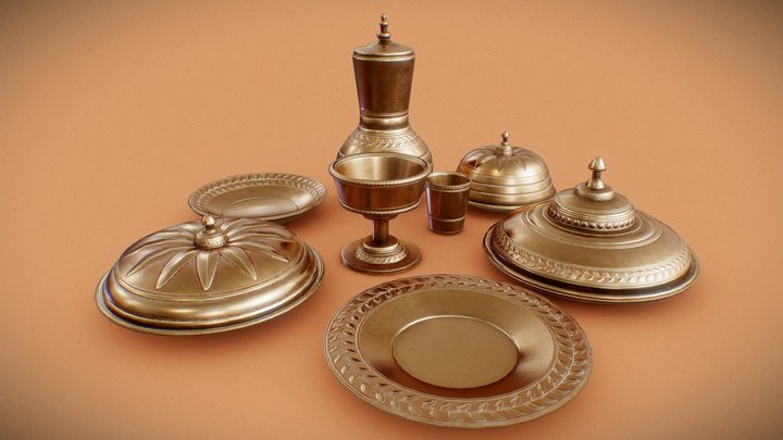 Ornamented Bronze Plates And Bowls 3D Model