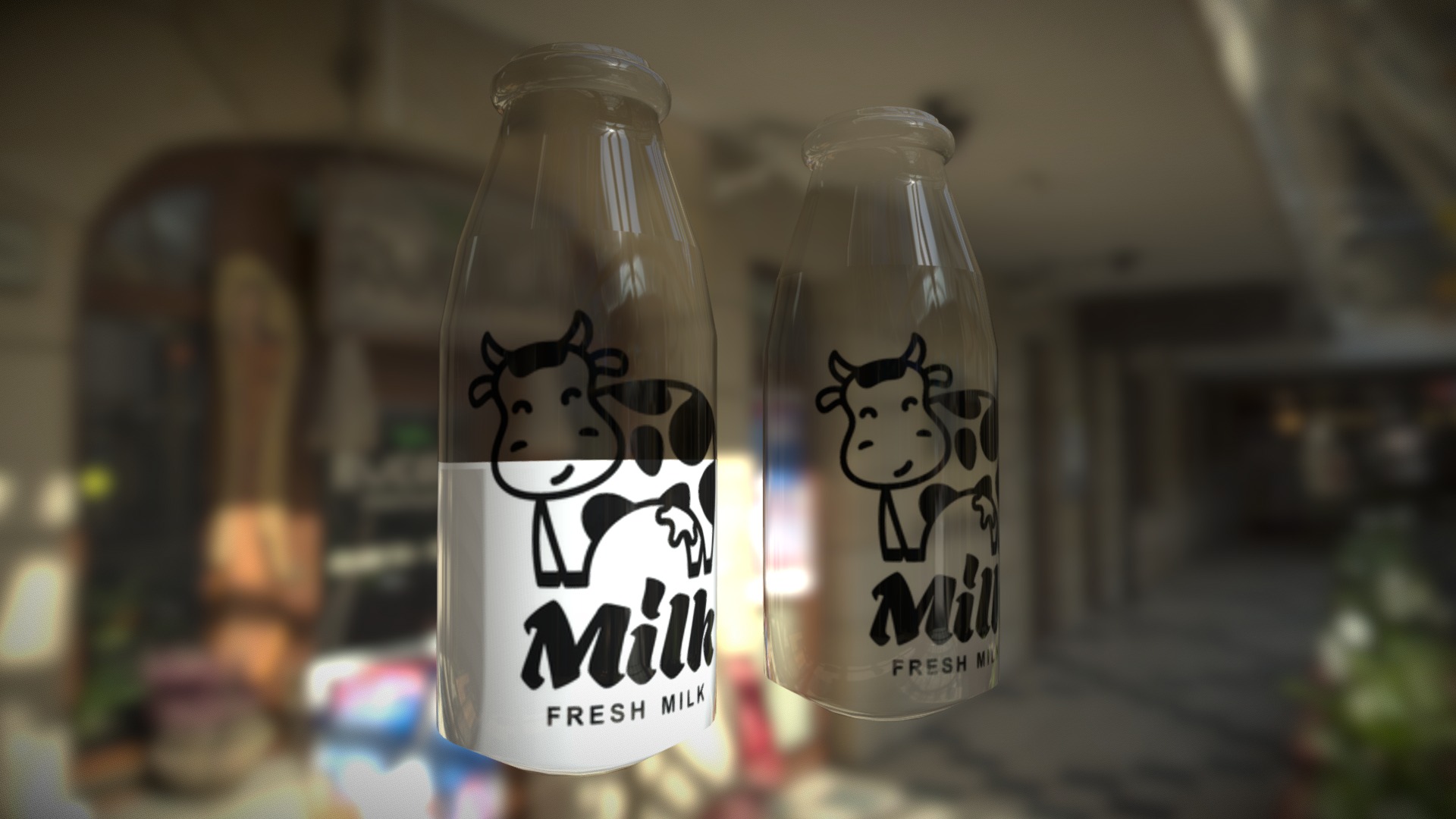 3D model Bottle of milk - This is a 3D model of the Bottle of milk. The 3D model is about a couple of glass bottles with a cartoon character on them.