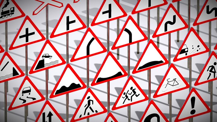 Realistic pack of Warning Traffic Signs 3D Model