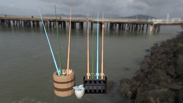 Fishing rods, bucket with fish, rod holder 3D Model