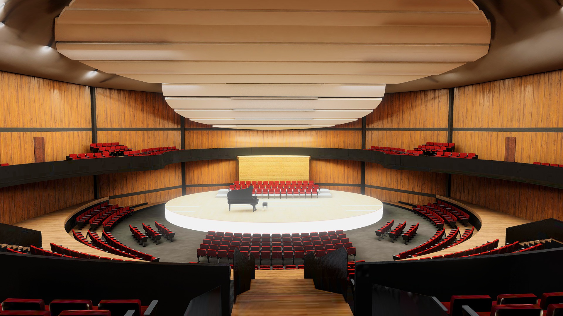 3D model Concert Hall / Amphitheater VR Baked + Max Scene - This is a 3D model of the Concert Hall / Amphitheater VR Baked + Max Scene. The 3D model is about a large room with a table and chairs and a large stage with a large white table and a.