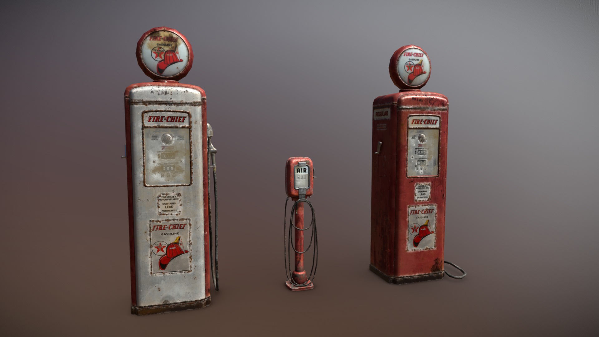 3D model Old Gas And Air Pumps - This is a 3D model of the Old Gas And Air Pumps. The 3D model is about a few fire extinguishers.