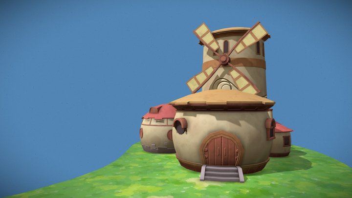 Windmill Town Lowpoly 3D Model
