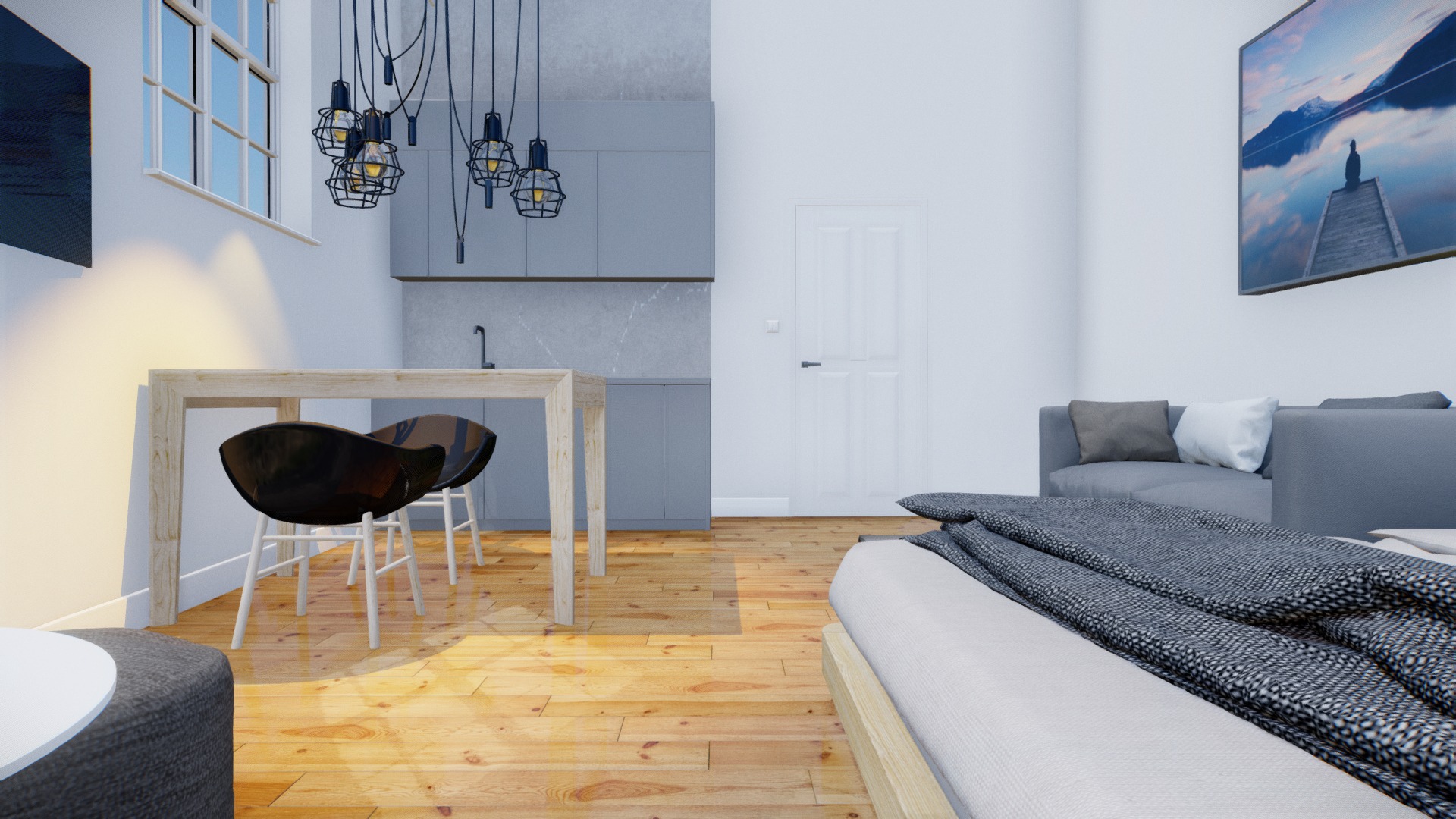 3D model Small Apartment Design VR 2018 - This is a 3D model of the Small Apartment Design VR 2018. The 3D model is about a room with a bed and a table.