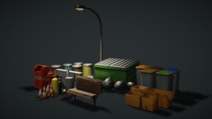 PBR Street Props Pack (Game Ready) – Gratis 3D-model STL