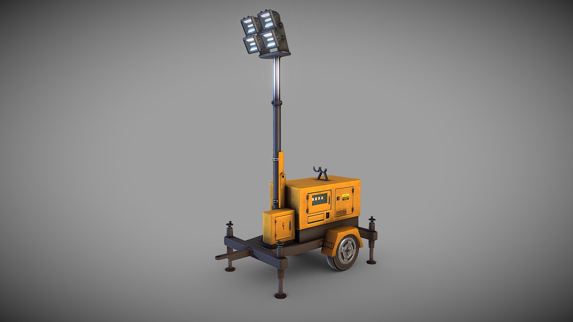 3D model Light Tower Game-ready - This is a 3D model of the Light Tower Game-ready. The 3D model is about a yellow and black forklift.