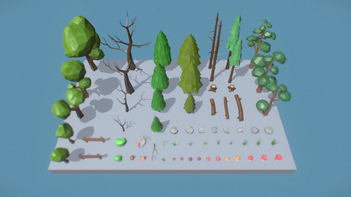 Low Poly Trees Grass and Rocks 3D Model