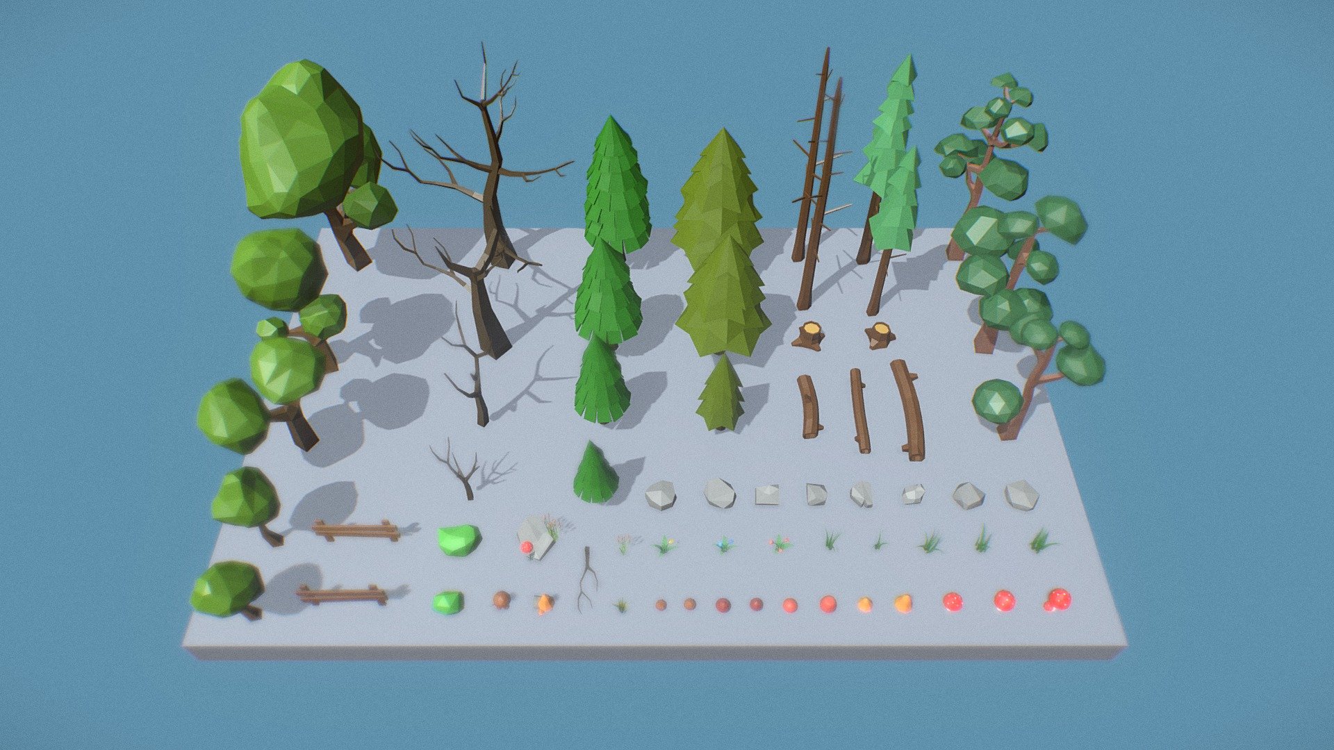 Low Poly Trees Grass and Rocks