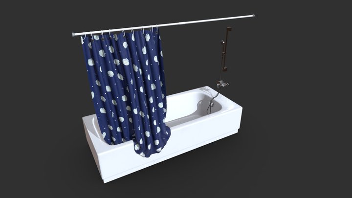 Bathtub With Shower Curtain | Game Assets 3D Model