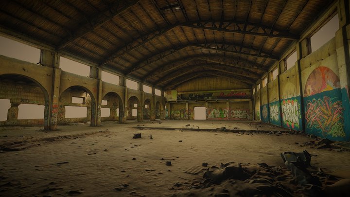 Hall of an abandoned factory with a wooden truss 3D Model