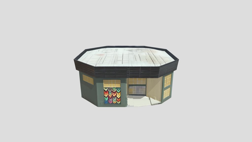 A polygonal single-story commercial building.