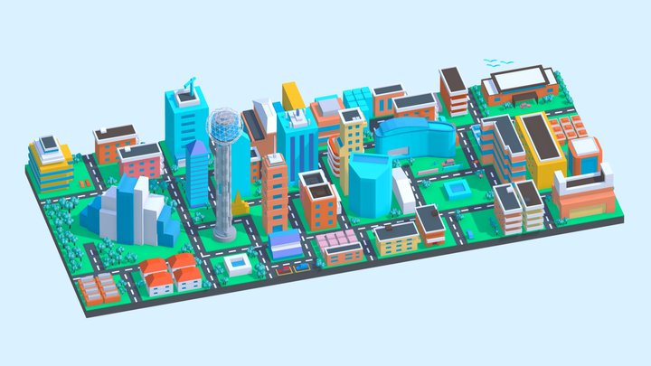 Dallas City Low Poly Colorful version 2 3D Model