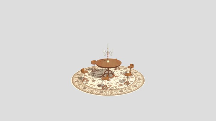 A table with candles and chairs on a carpet 3D Model