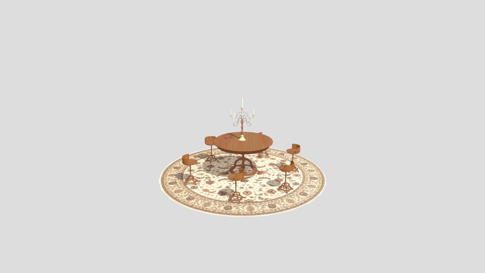 A table with candles and chairs on a carpet