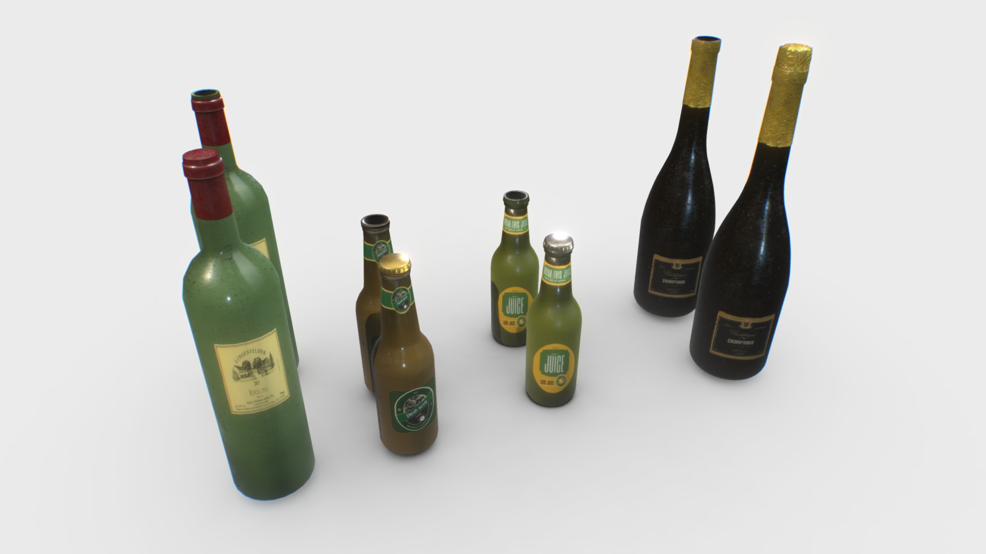 3D model Beer, juice, wine and champagne bottles. - This is a 3D model of the Beer, juice, wine and champagne bottles.. The 3D model is about a group of bottles.