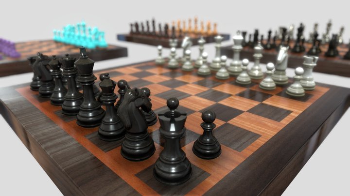 Chess Piece Set with Four Different Materials 3D Model
