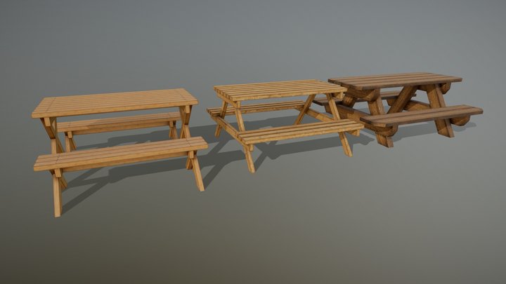 Wooden Picnic Table - Set of 3 3D Model