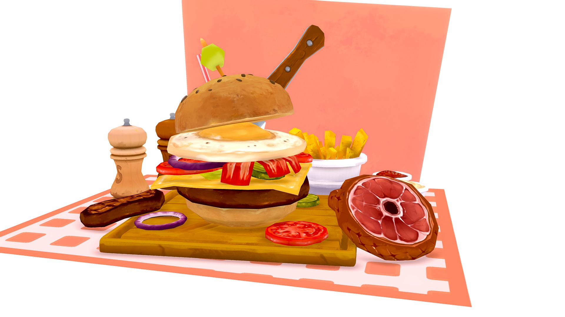 3D model Burger Set - This is a 3D model of the Burger Set. The 3D model is about a colorful cake with a knife.
