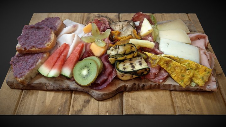 Cold meat, cheese, vegetables and fruit plate 3D Model