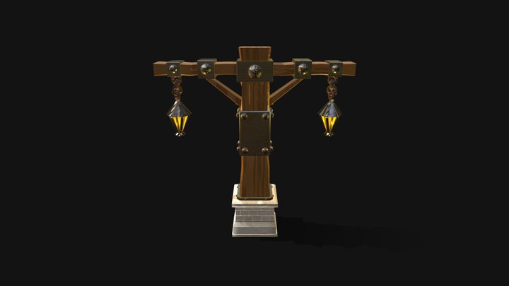 Stylized Low Poly Double Lantern Post 3D Model