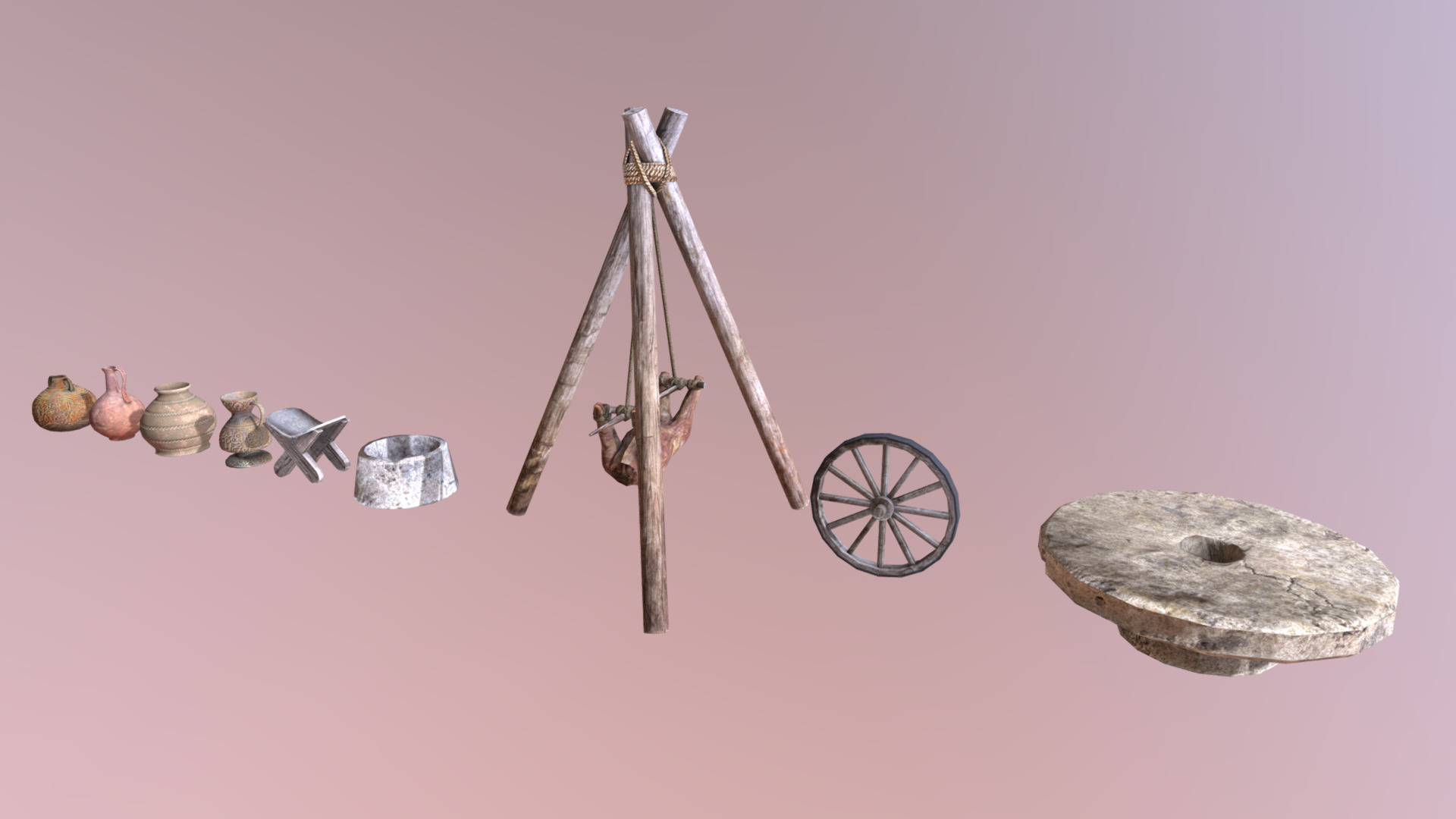 3D model Low Poly Midleeastern Objects Pack - This is a 3D model of the Low Poly Midleeastern Objects Pack. The 3D model is about a metal contraption with wheels.