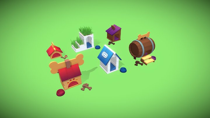 Dog Houses Low Poly 3D Model
