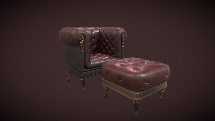 Sofa Armchair Couch small and foot rest Vintage 3D Model