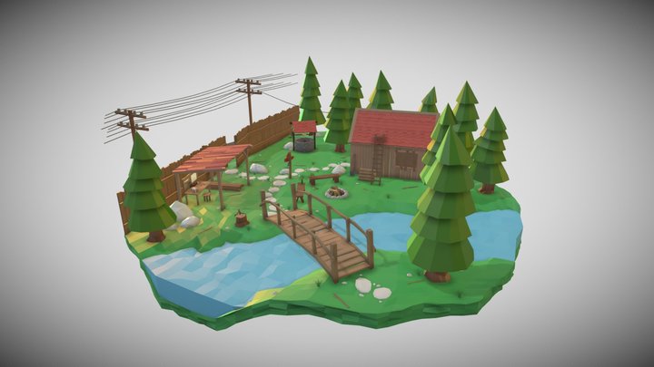 Wooden Cabin Scene - LowPoly - 3D Model