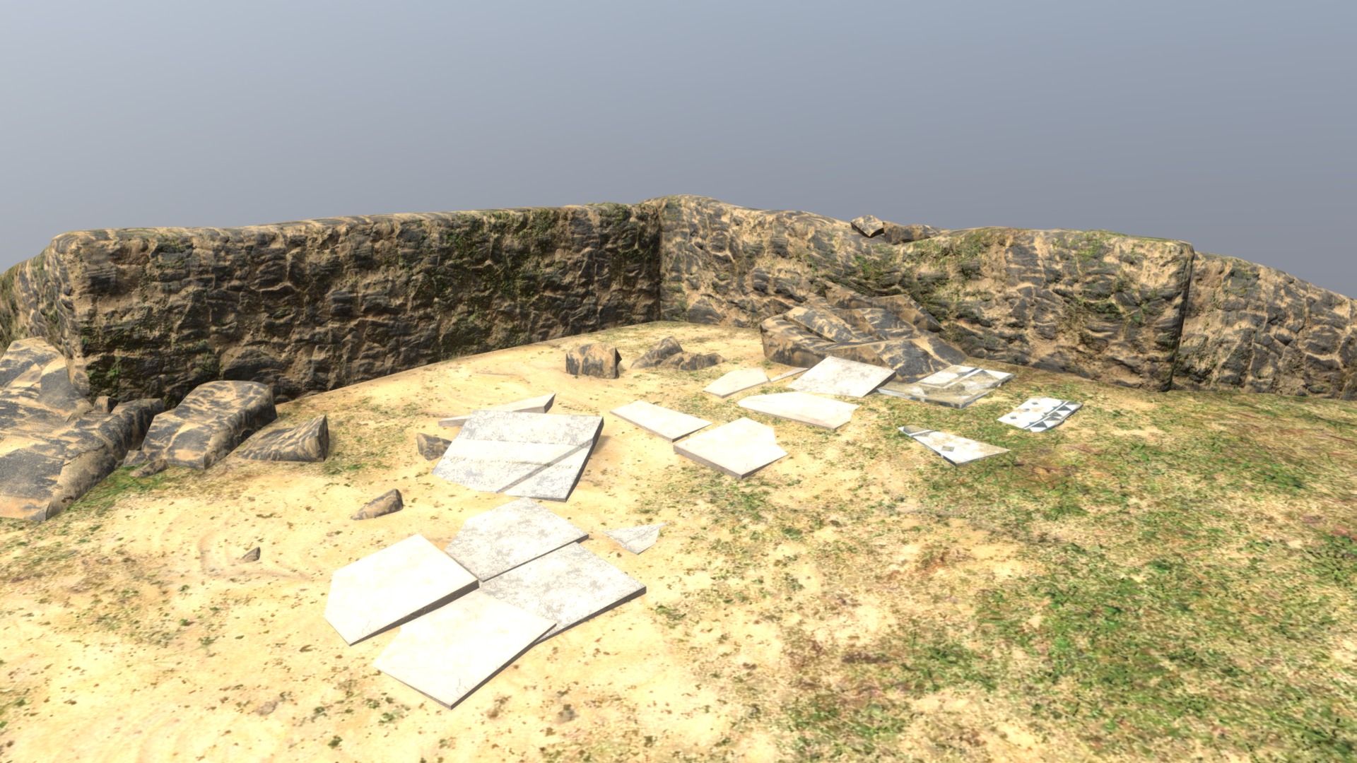 3D model Forgotten Ruins - This is a 3D model of the Forgotten Ruins. The 3D model is about a group of rectangular objects on a grassy hill.