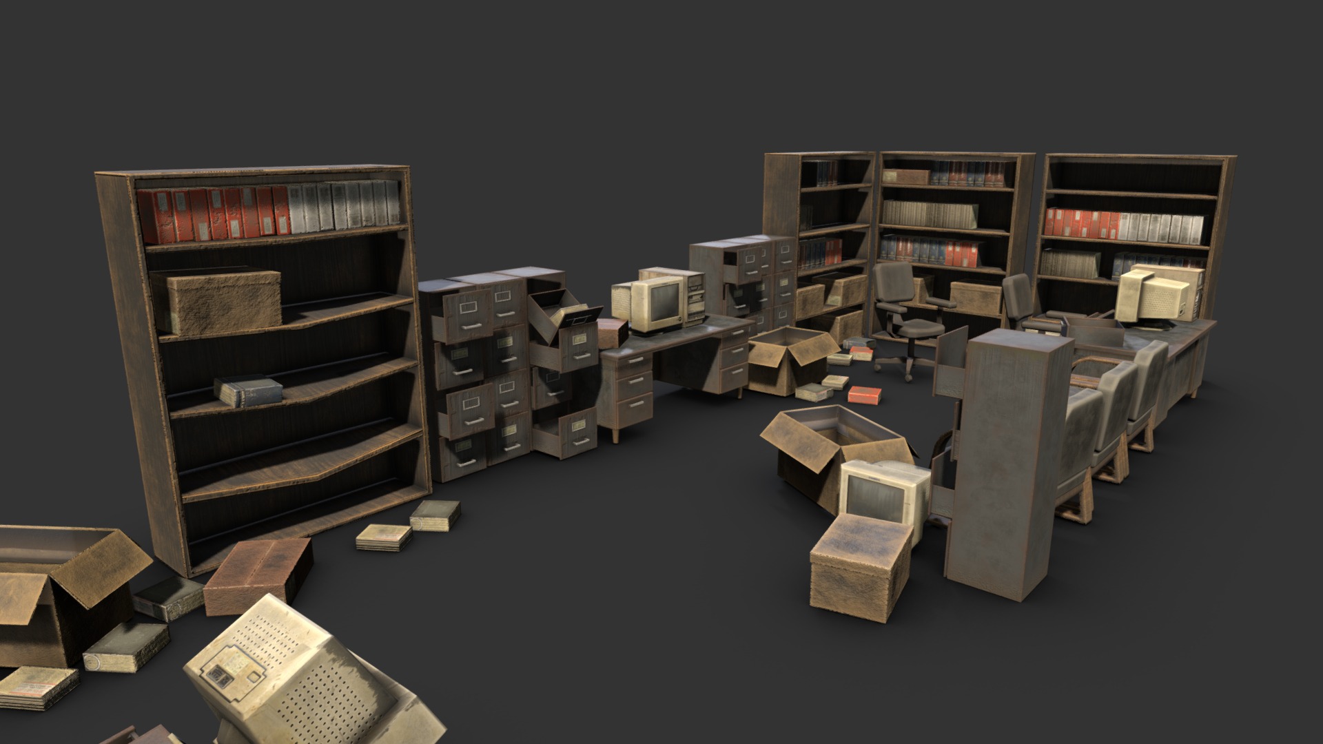 3D model Ruined Office Furniture - This is a 3D model of the Ruined Office Furniture. The 3D model is about a room with shelves and objects.