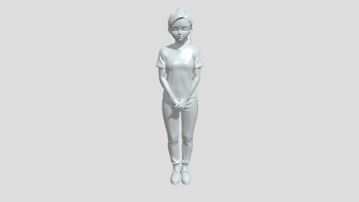 Full-body cartoon woman standing with hands cla