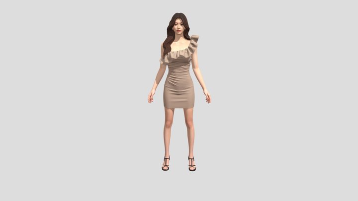 Rigged Female Fashion Character in Ruffle Dress