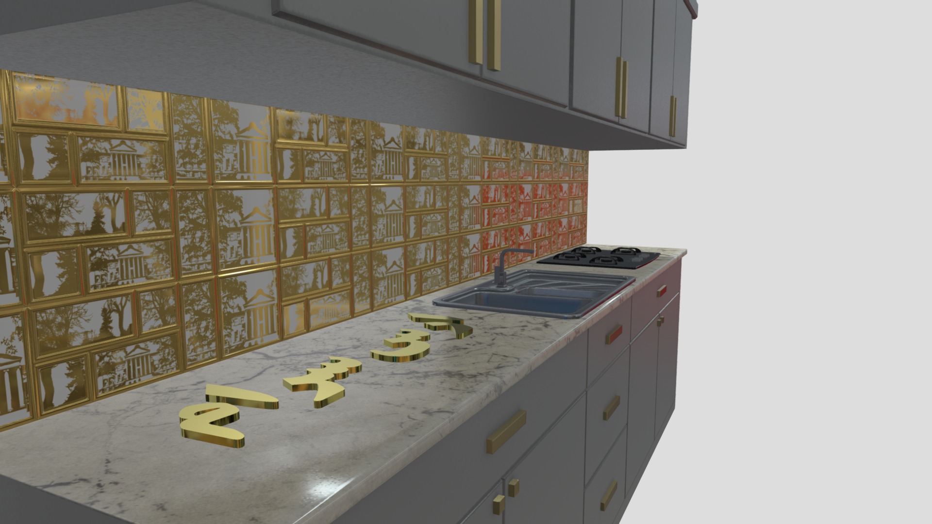 3D model geranada  WG  Kitchen - This is a 3D model of the geranada  WG  Kitchen. The 3D model is about a kitchen with a large display of yellow and white tiles.