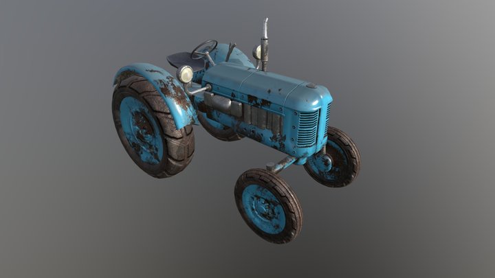 Blue Old Tractor Game Ready Low Poly PBR 3D Model