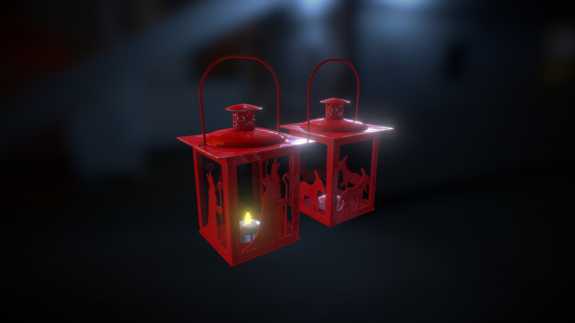 3D model Lanterns – Saint Nicolas & Peckersel - This is a 3D model of the Lanterns - Saint Nicolas & Peckersel. The 3D model is about a pair of red and white bell towers with lights.