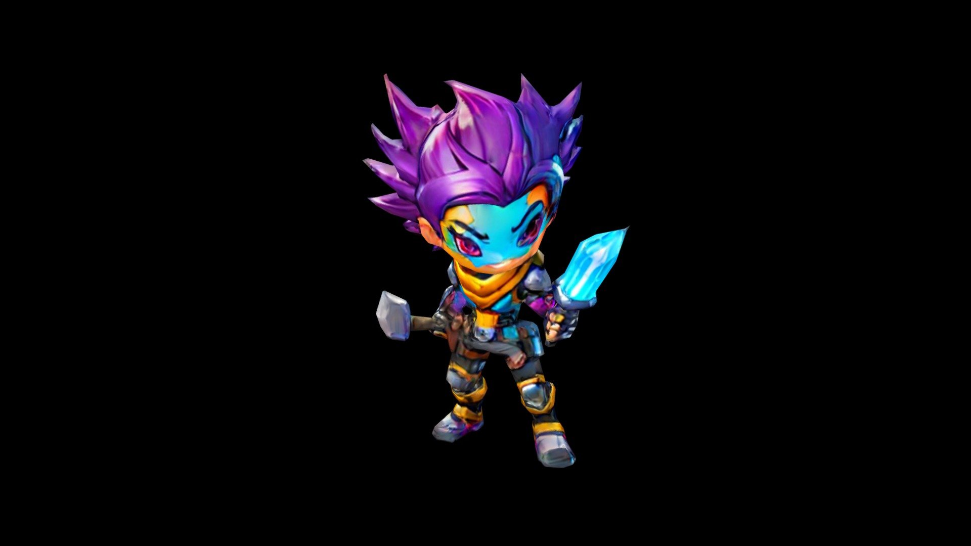 Chibi Hero with Purple Mohawk Wields Axe and Swo - Download Free 3D ...