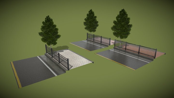 Metal Fence & Sidewalk, Road, colonnade Set 3D Model