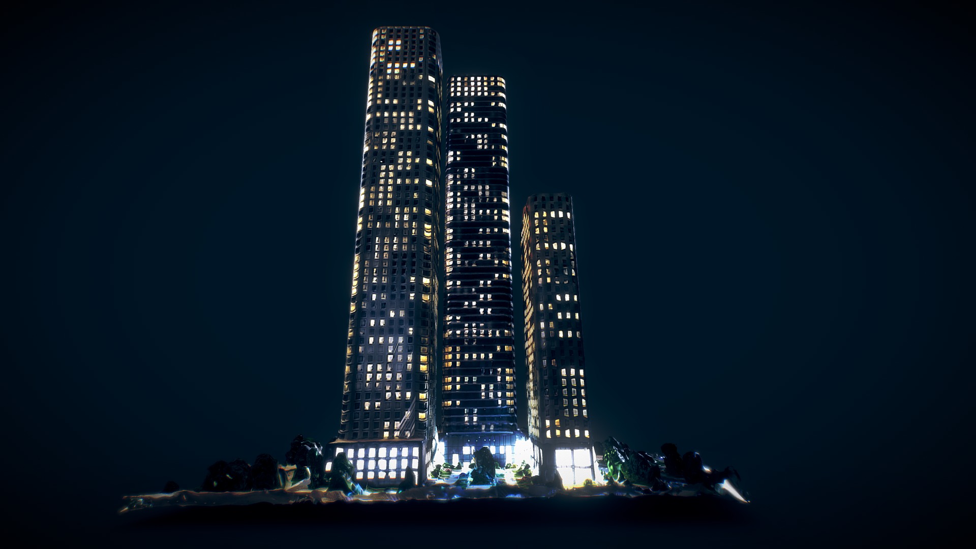 3D model D1 - This is a 3D model of the D1. The 3D model is about two tall buildings with lights on at night.
