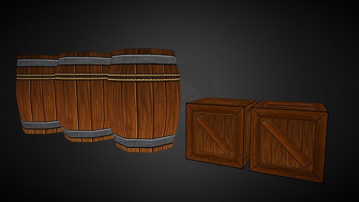 Stylized Crates and barrels 3D Model