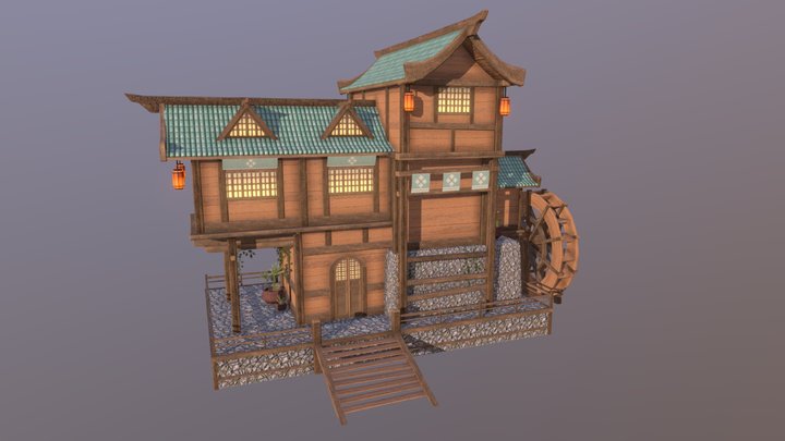 Wooden Oriental Watermill 3D Model