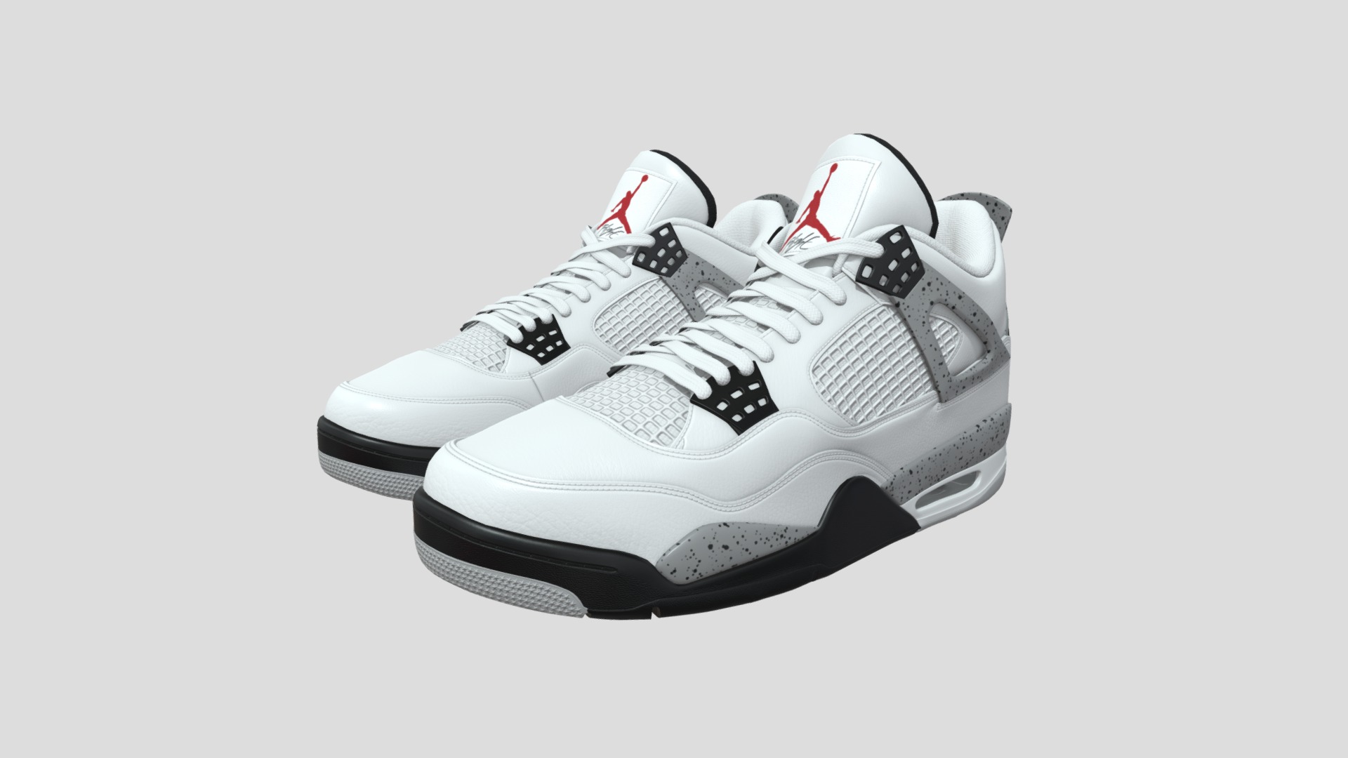 3D model Air Jordan 4 Retro Cement - This is a 3D model of the Air Jordan 4 Retro Cement. The 3D model is about a pair of white and black sneakers.